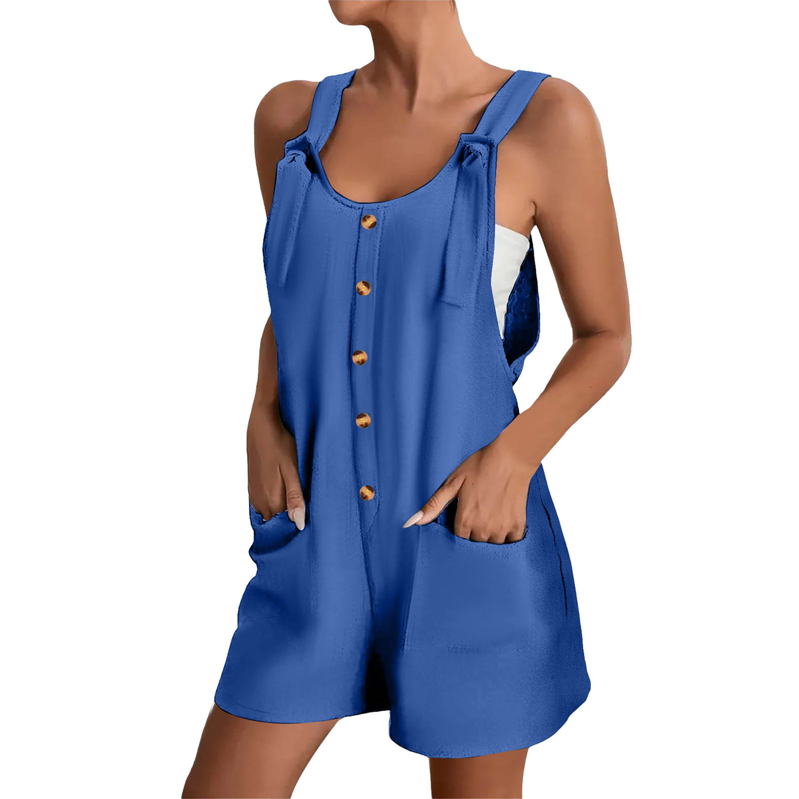 thumbnail image 2 of Mono corto de verano informal con botones para mujer - Poliéster, sin mangas, pantalón corto ancho - S-XXL, 2 of 5